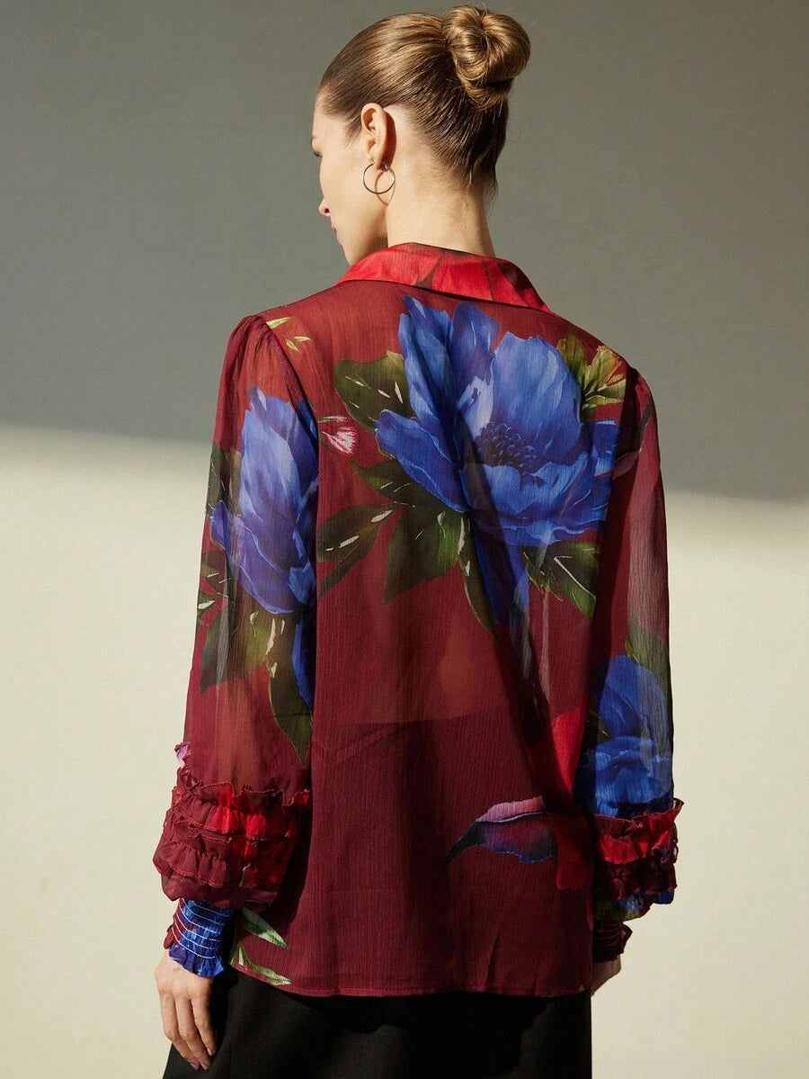 Chiffon Contrast Color Floral Print Layered Flounce Cuff Long Sleeve Blouse Button Up Shirt Women