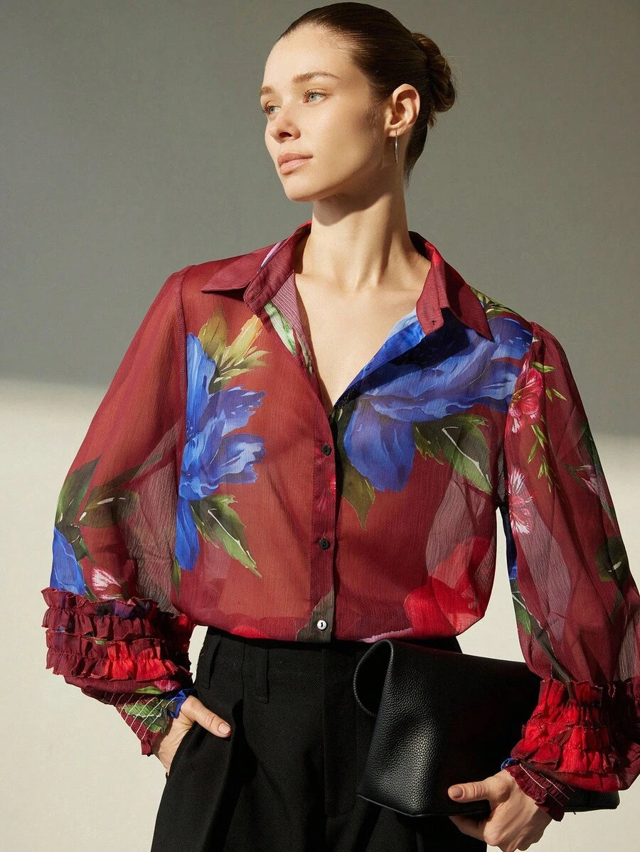Chiffon Contrast Color Floral Print Layered Flounce Cuff Long Sleeve Blouse Button Up Shirt Women