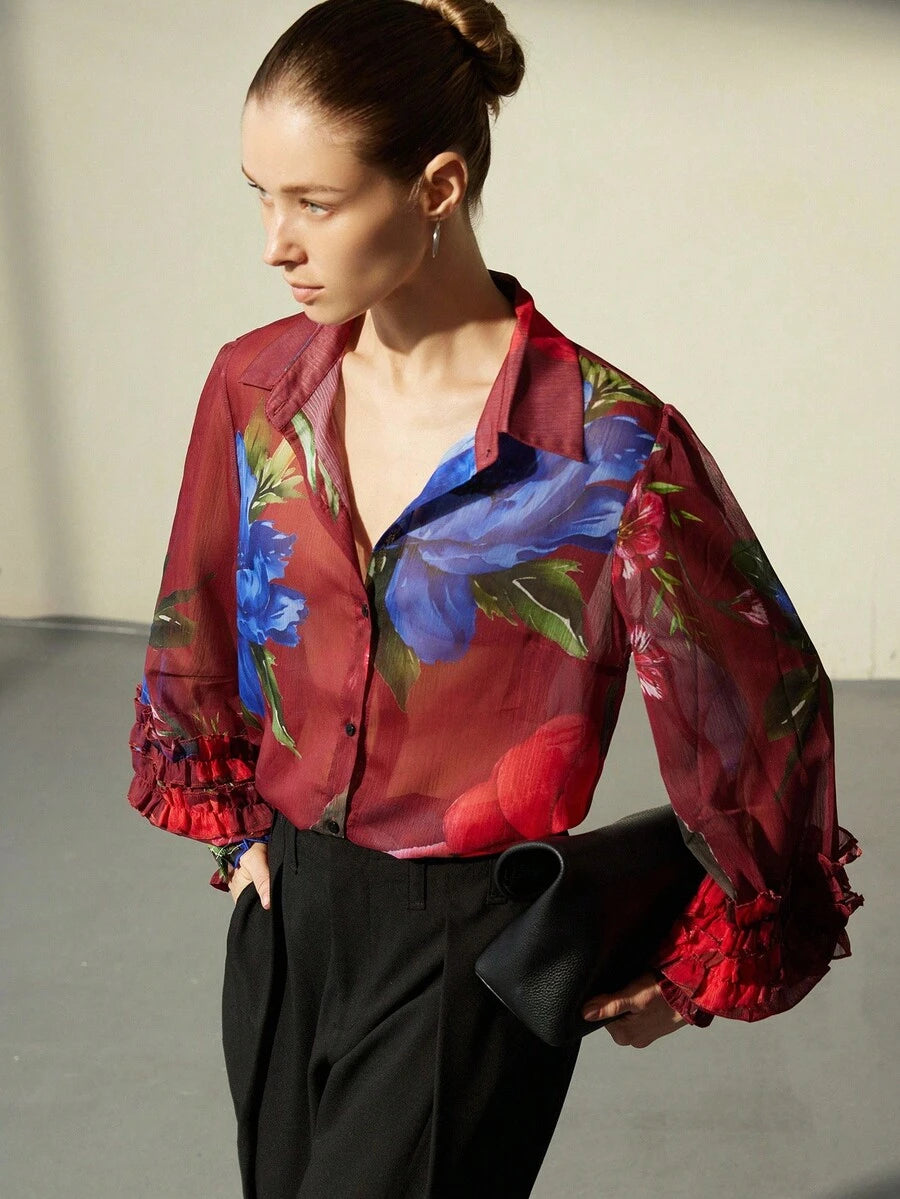 Chiffon Contrast Color Floral Print Layered Flounce Cuff Long Sleeve Blouse Button Up Shirt Women