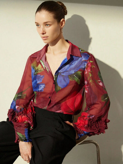 Chiffon Contrast Color Floral Print Layered Flounce Cuff Long Sleeve Blouse Button Up Shirt Women