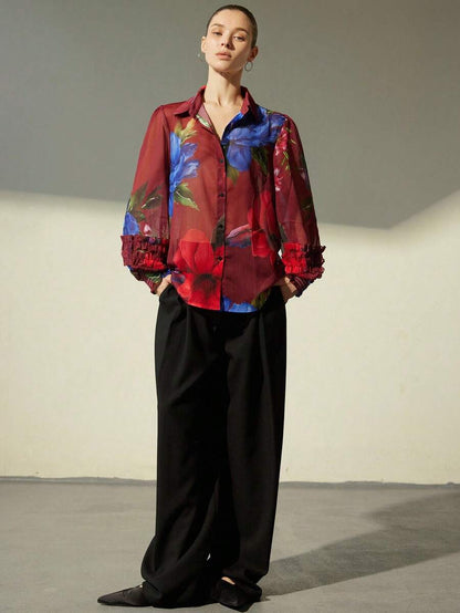 Chiffon Contrast Color Floral Print Layered Flounce Cuff Long Sleeve Blouse Button Up Shirt Women