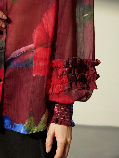 Chiffon Contrast Color Floral Print Layered Flounce Cuff Long Sleeve Blouse Button Up Shirt Women
