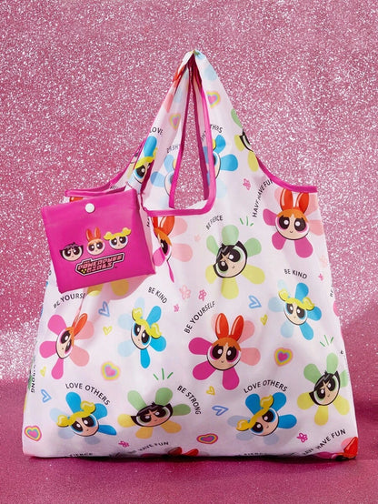 THE POWERPUFF GIRLS 1pc Cartoon Bubbles, Blossom, Buttercup Pattern Polyester Foldable Shopping Bag, Beach Bag, Tote Bag With Attached Small Pouch With Beaded Chain,Gift