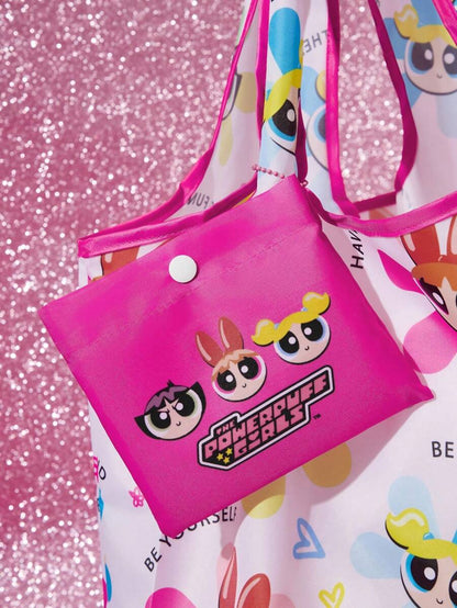 THE POWERPUFF GIRLS 1pc Cartoon Bubbles, Blossom, Buttercup Pattern Polyester Foldable Shopping Bag, Beach Bag, Tote Bag With Attached Small Pouch With Beaded Chain,Gift