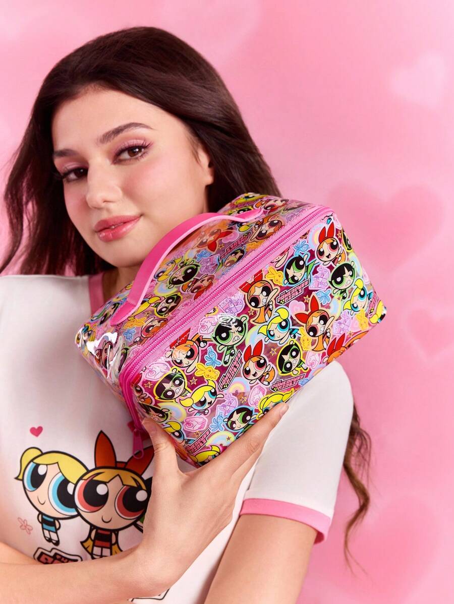 THE POWERPUFF GIRLS 1pc Cartoon Pattern Printed Large Capacity Foldable PVC Makeup Bag