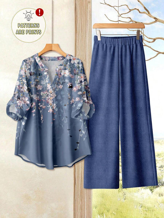 EID Special Women's Vintage Casual V-Neck Long Sleeve Loose Shirt And Wide Leg Pants Set