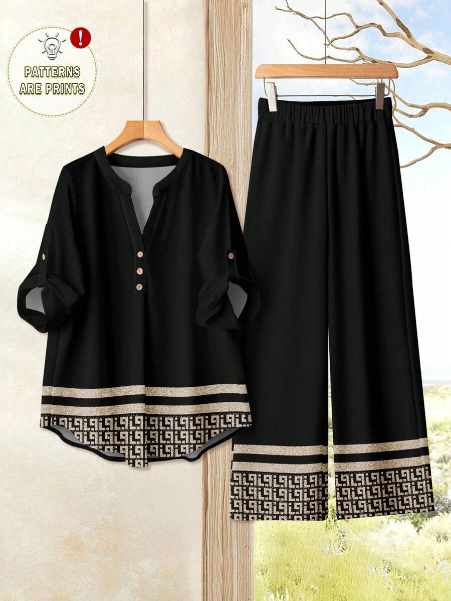 EID Special Women Casual Dress Textured Crew Neck Top And Loose Pants Set, Suitable For Autumn/Summer