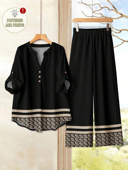 EID Special Women Casual Dress Textured Crew Neck Top And Loose Pants Set, Suitable For Autumn/Summer