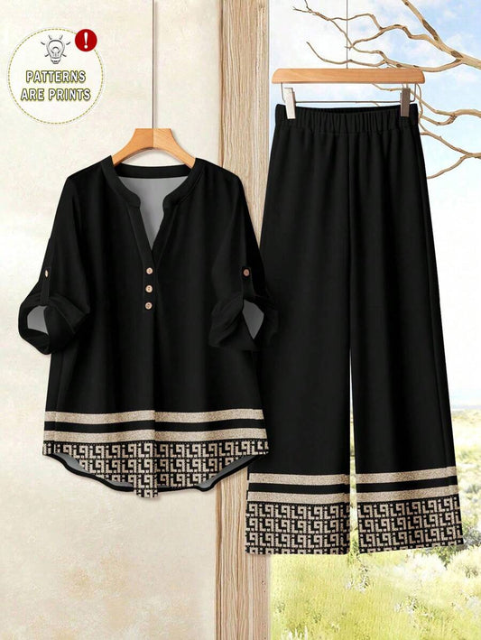 EID Special Women Casual Dress Textured Crew Neck Top And Loose Pants Set, Suitable For Autumn/Summer