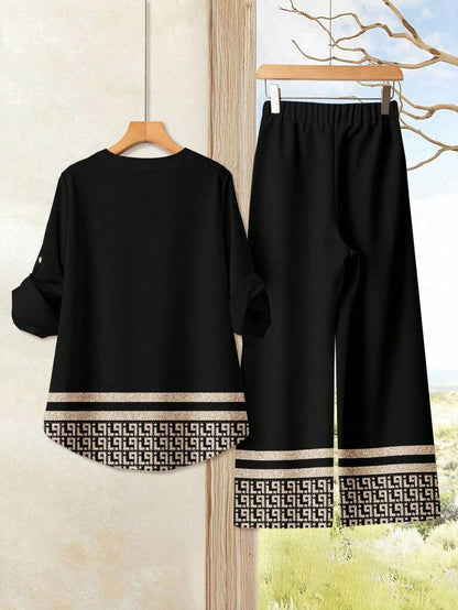 EID Special Women Casual Dress Textured Crew Neck Top And Loose Pants Set, Suitable For Autumn/Summer