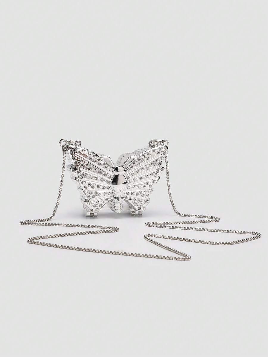 Mini Metallic Silver Glitter Rhinestone Butterfly Clutch Bag, Multifunctional Decorative Women's Fashion Makeup Pouch, Jewelry/Earphone Storage Box