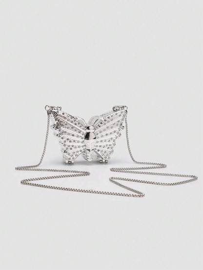 Mini Metallic Silver Glitter Rhinestone Butterfly Clutch Bag, Multifunctional Decorative Women's Fashion Makeup Pouch, Jewelry/Earphone Storage Box