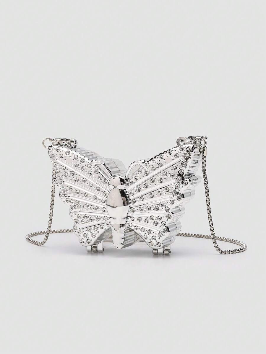 Mini Metallic Silver Glitter Rhinestone Butterfly Clutch Bag, Multifunctional Decorative Women's Fashion Makeup Pouch, Jewelry/Earphone Storage Box