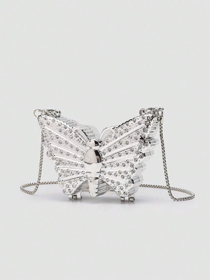 Mini Metallic Silver Glitter Rhinestone Butterfly Clutch Bag, Multifunctional Decorative Women's Fashion Makeup Pouch, Jewelry/Earphone Storage Box