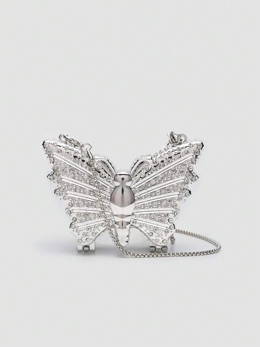 Mini Metallic Silver Glitter Rhinestone Butterfly Clutch Bag, Multifunctional Decorative Women's Fashion Makeup Pouch, Jewelry/Earphone Storage Box