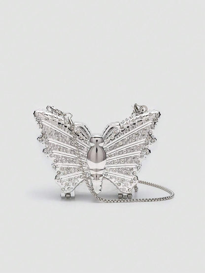 Mini Metallic Silver Glitter Rhinestone Butterfly Clutch Bag, Multifunctional Decorative Women's Fashion Makeup Pouch, Jewelry/Earphone Storage Box