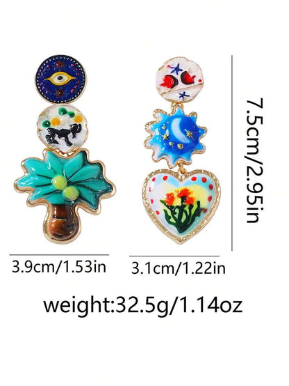 Vintage Artistic Alloy Printed Geometric Heart & Floral Asymmetric Earrings.