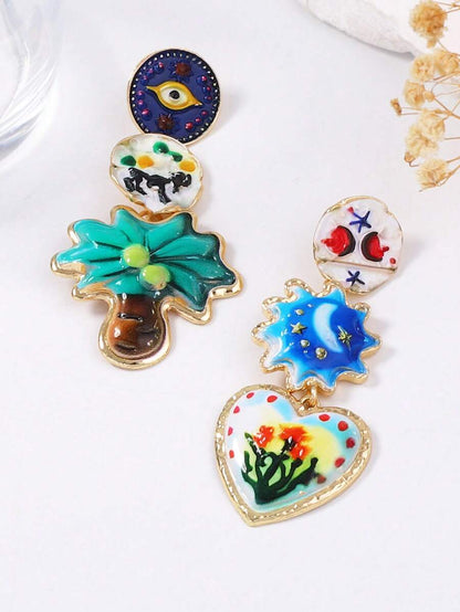 Vintage Artistic Alloy Printed Geometric Heart & Floral Asymmetric Earrings.