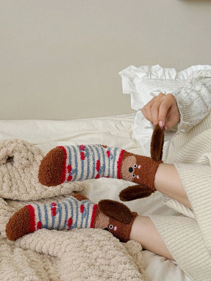 Women's Thick RED Coral Fleece Sausage Dog Fuzzy Slipper Socks, Warm Plush Floor Socks, Cozy Sleeping Socks, Japanese Style Coral Fleece Cartoon Embroidered