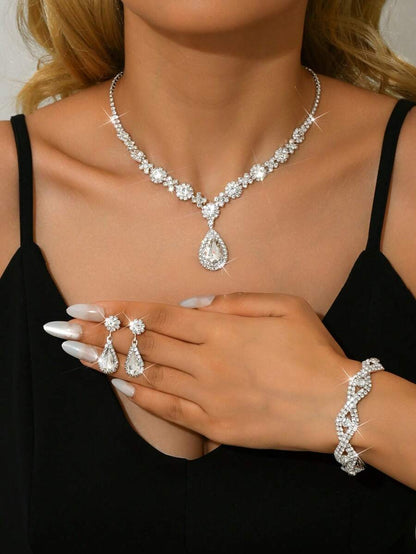 3 pcs Elegant Claw Chain, Water Drop Pendant Necklace, Earrings Jewelry Set, Choker Necklace, Formal Dress Accessories