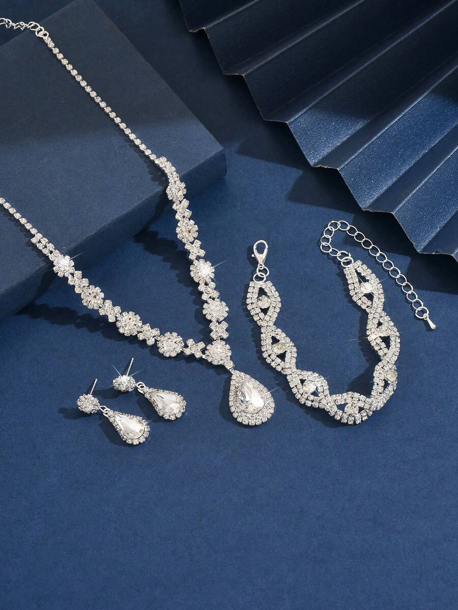 3 pcs Elegant Claw Chain, Water Drop Pendant Necklace, Earrings Jewelry Set, Choker Necklace, Formal Dress Accessories