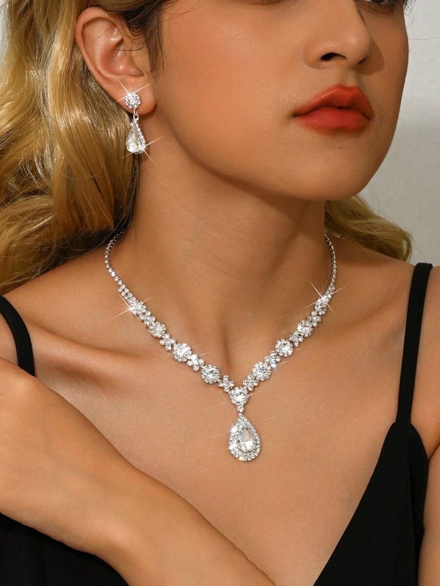 3 pcs Elegant Claw Chain, Water Drop Pendant Necklace, Earrings Jewelry Set, Choker Necklace, Formal Dress Accessories