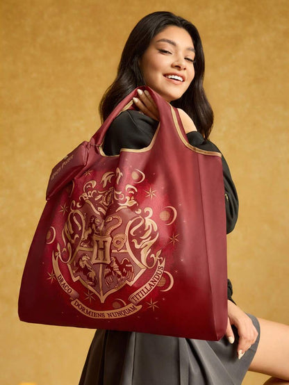 HARRY POTTER 1pc Badge Pattern Printed Polyester Foldable Shopping Bag, Beach Bag, Tote Bag With Detachable Pouch On Chain,gift