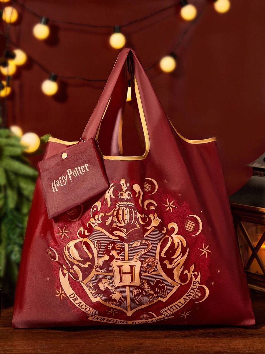HARRY POTTER 1pc Badge Pattern Printed Polyester Foldable Shopping Bag, Beach Bag, Tote Bag With Detachable Pouch On Chain,gift