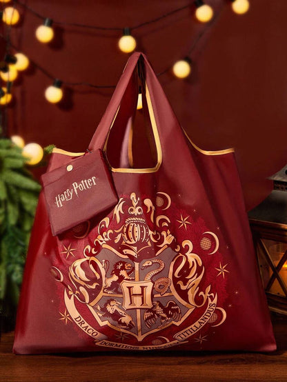 HARRY POTTER 1pc Badge Pattern Printed Polyester Foldable Shopping Bag, Beach Bag, Tote Bag With Detachable Pouch On Chain,gift