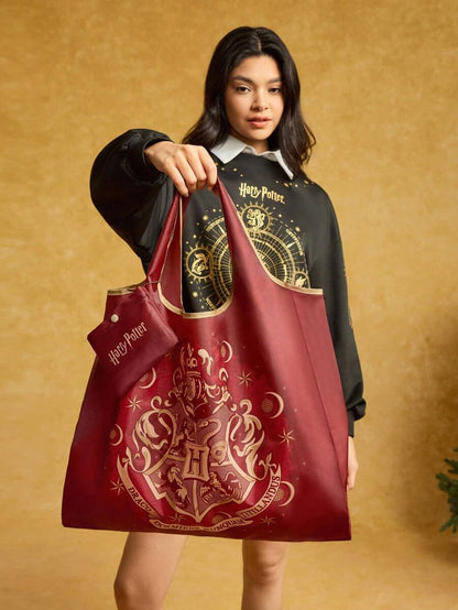 HARRY POTTER 1pc Badge Pattern Printed Polyester Foldable Shopping Bag, Beach Bag, Tote Bag With Detachable Pouch On Chain,gift