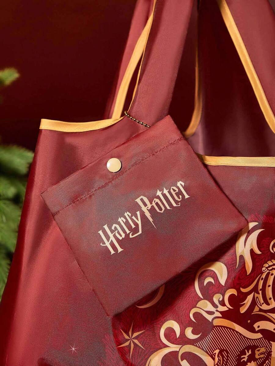 HARRY POTTER 1pc Badge Pattern Printed Polyester Foldable Shopping Bag, Beach Bag, Tote Bag With Detachable Pouch On Chain,gift