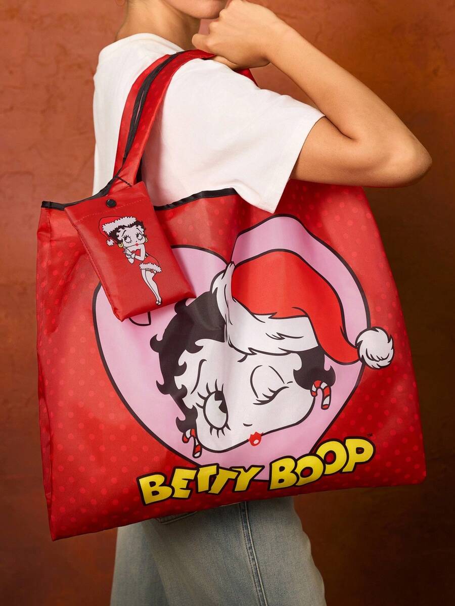 Betty Boop 1pc Cute Cartoon Figure Graphic Foldable Polyester Tote Bag, Handbag With Detachable Pouch On Chain, Heart &amp; Playful Design, Party, Gifts&nbsp;