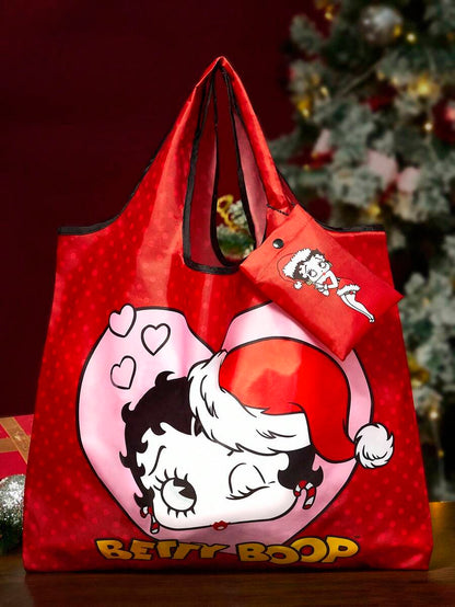 Betty Boop 1pc Cute Cartoon Figure Graphic Foldable Polyester Tote Bag, Handbag With Detachable Pouch On Chain, Heart &amp; Playful Design, Party, Gifts&nbsp;