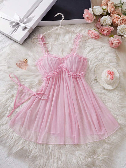 Sheer Sexy Nightgown, Spaghetti Strap Lingerie Set With Thong