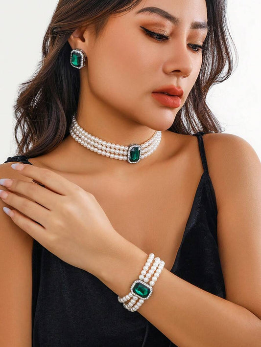 4pcs/Set Bohemian Style Rhinestone Inlaid Multi-Layer Beaded Necklace, Bracelet, Earrings Jewelry Set, Luxurious &amp; Elegant For Wedding, Party, Vacation, Casual Wear, Street Style, Unisex Charm Jewelry Gift