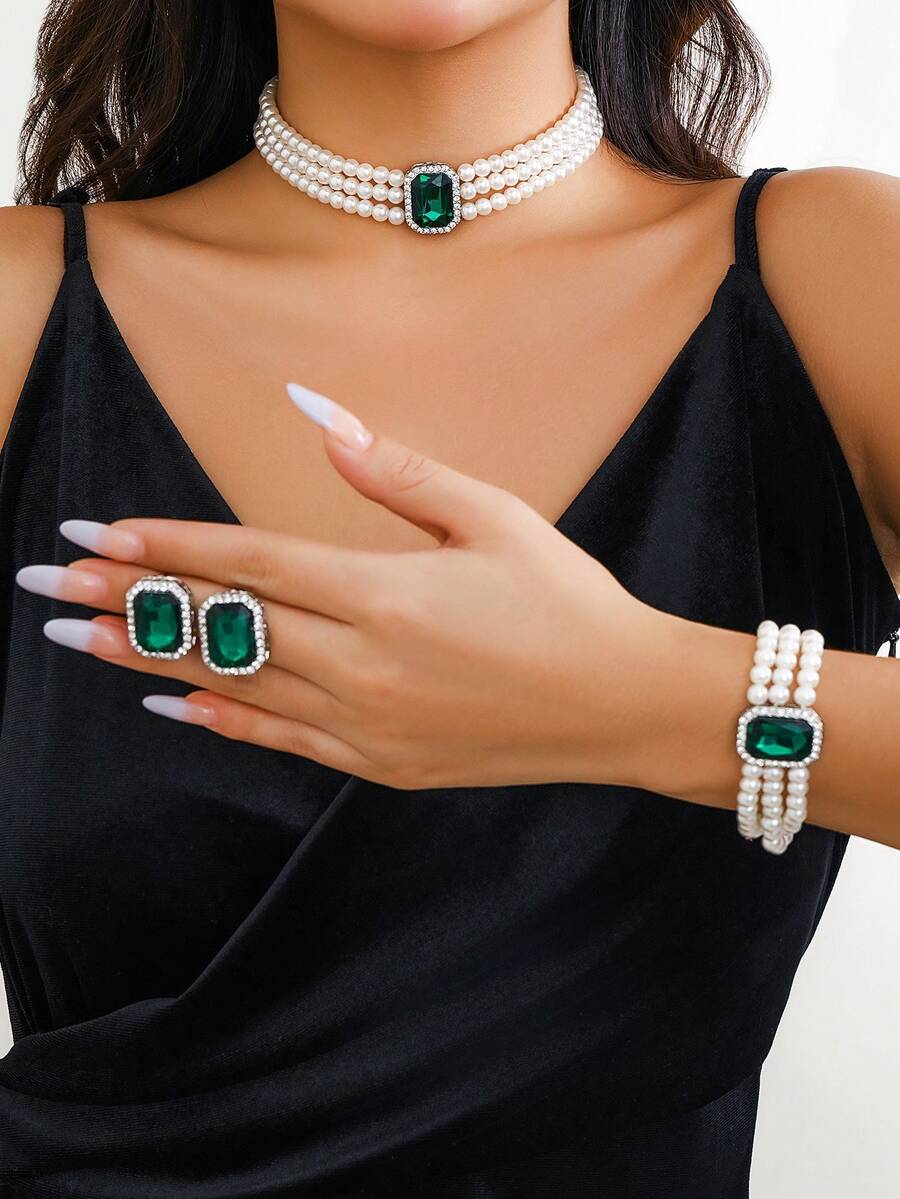 4pcs/Set Bohemian Style Rhinestone Inlaid Multi-Layer Beaded Necklace, Bracelet, Earrings Jewelry Set, Luxurious &amp; Elegant For Wedding, Party, Vacation, Casual Wear, Street Style, Unisex Charm Jewelry Gift