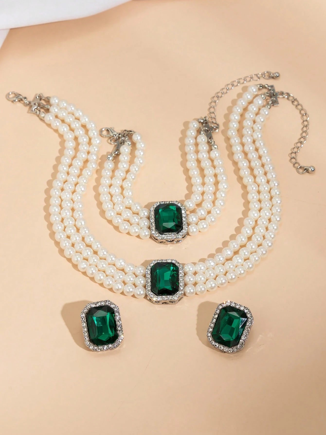 4pcs/Set Bohemian Style Rhinestone Inlaid Multi-Layer Beaded Necklace, Bracelet, Earrings Jewelry Set, Luxurious &amp; Elegant For Wedding, Party, Vacation, Casual Wear, Street Style, Unisex Charm Jewelry Gift