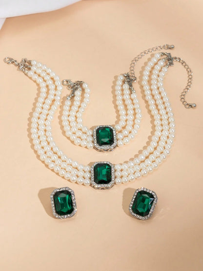 4pcs/Set Bohemian Style Rhinestone Inlaid Multi-Layer Beaded Necklace, Bracelet, Earrings Jewelry Set, Luxurious &amp; Elegant For Wedding, Party, Vacation, Casual Wear, Street Style, Unisex Charm Jewelry Gift