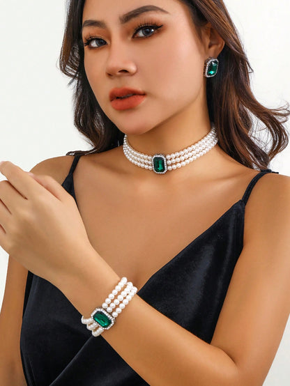 4pcs/Set Bohemian Style Rhinestone Inlaid Multi-Layer Beaded Necklace, Bracelet, Earrings Jewelry Set, Luxurious &amp; Elegant For Wedding, Party, Vacation, Casual Wear, Street Style, Unisex Charm Jewelry Gift