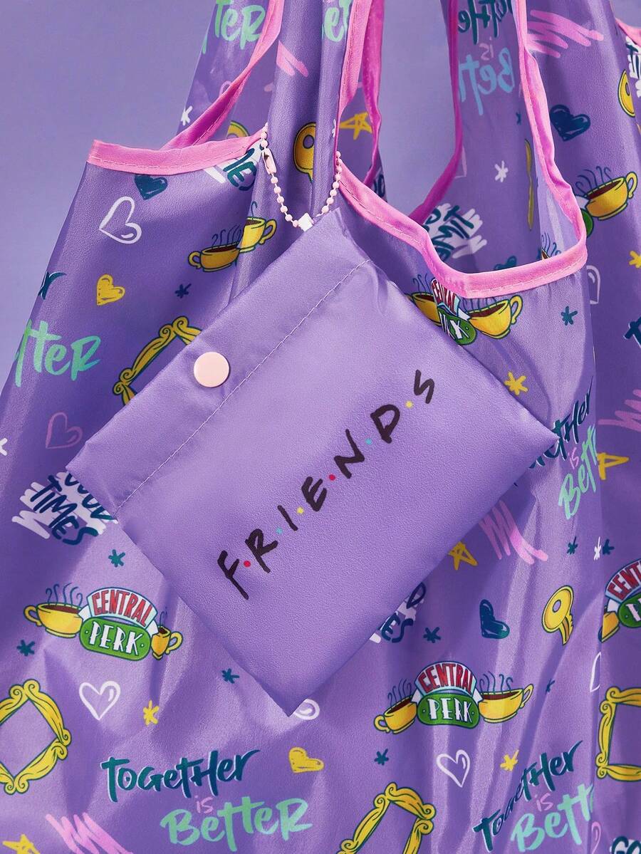 FRIENDS Letter Graphic Foldable Tote Bag, Portable Shopping Bag