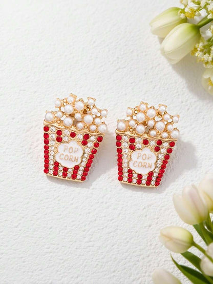 1 Pair Exaggerated Rhinestone & Faux Pearl Popcorn Design Stud Earrings, Suitable For Dates, Shopping, Parties