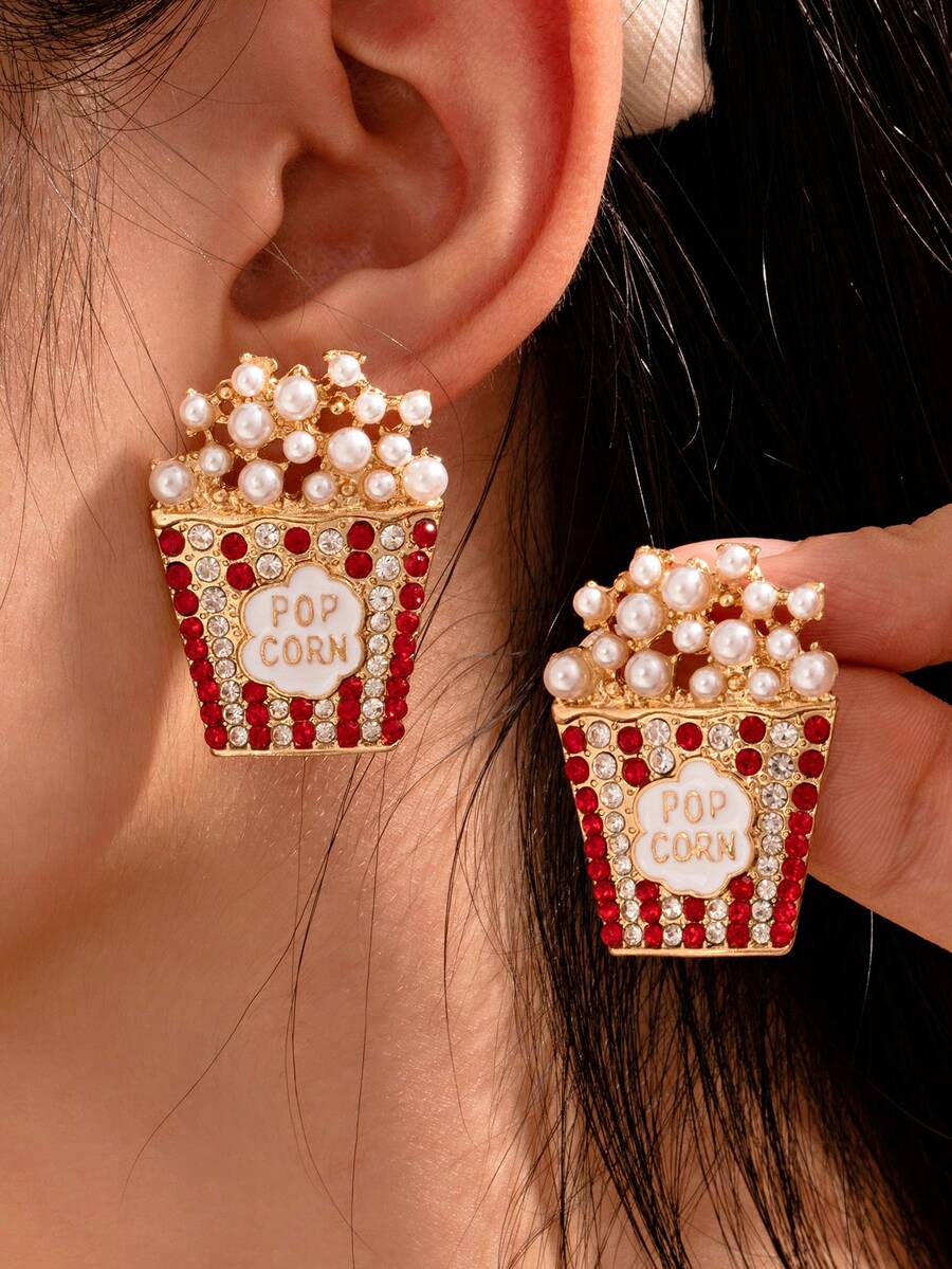 1 Pair Exaggerated Rhinestone & Faux Pearl Popcorn Design Stud Earrings, Suitable For Dates, Shopping, Parties