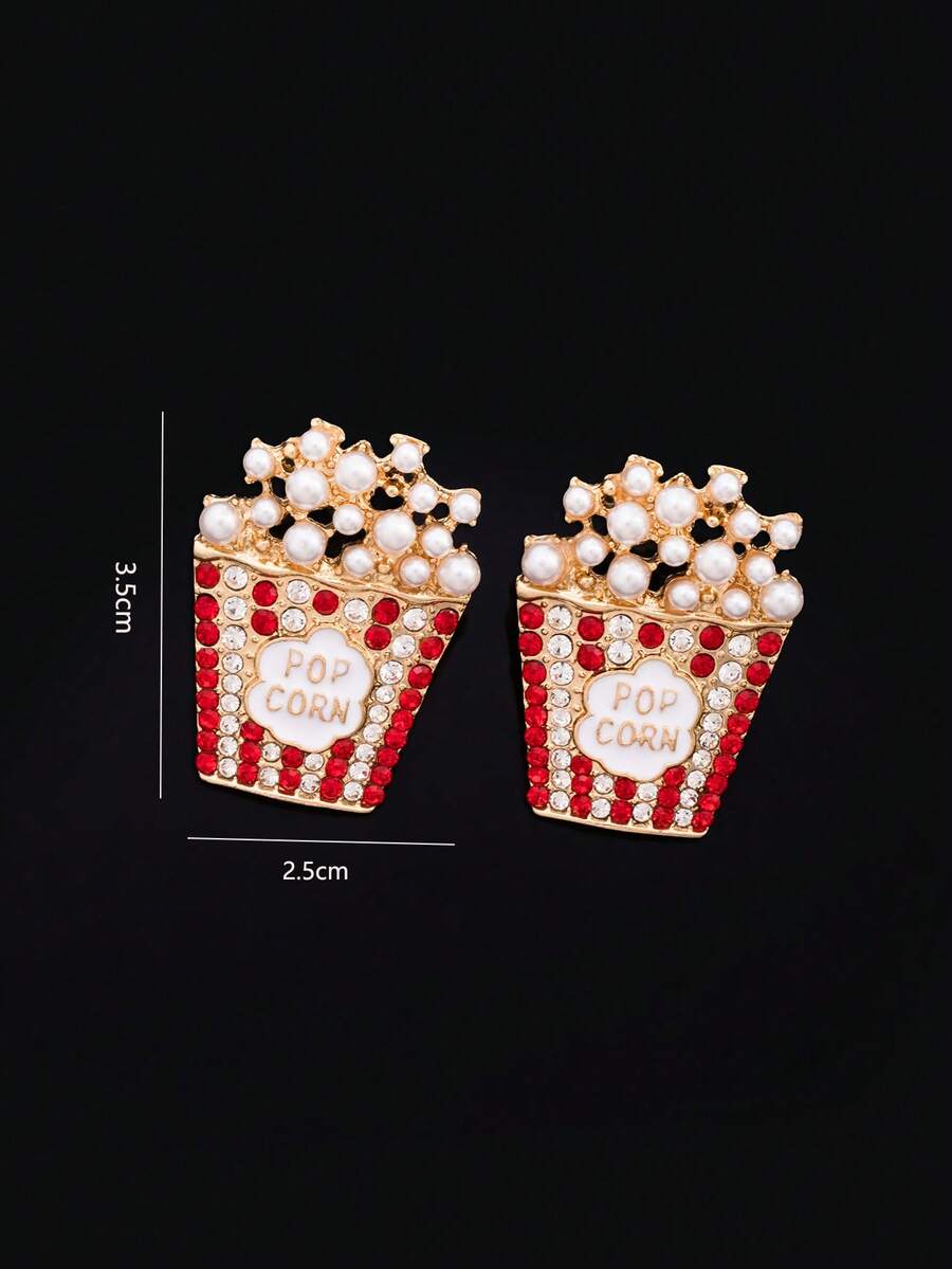 1 Pair Exaggerated Rhinestone & Faux Pearl Popcorn Design Stud Earrings, Suitable For Dates, Shopping, Parties