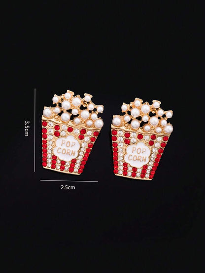 1 Pair Exaggerated Rhinestone & Faux Pearl Popcorn Design Stud Earrings, Suitable For Dates, Shopping, Parties