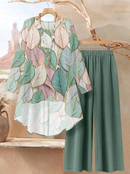 EID Special 2pcs Women Leaf Marble Print Loose Fit Dress Crew Neck Long Sleeve Top And Pants Set