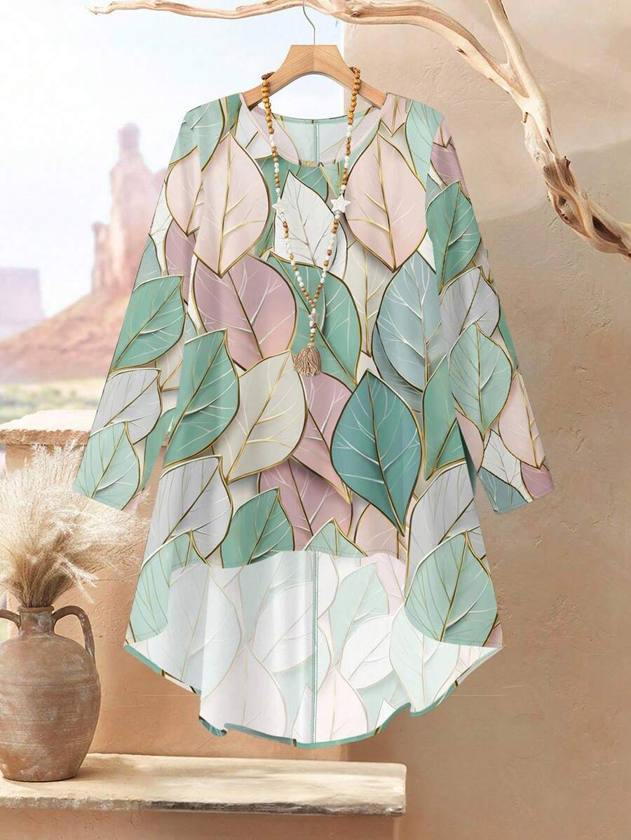 EID Special 2pcs Women Leaf Marble Print Loose Fit Dress Crew Neck Long Sleeve Top And Pants Set