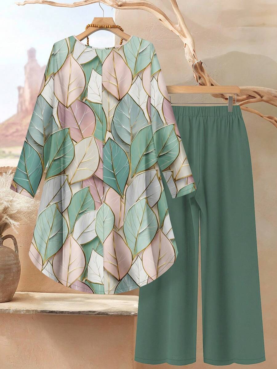 EID Special 2pcs Women Leaf Marble Print Loose Fit Dress Crew Neck Long Sleeve Top And Pants Set