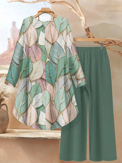 EID Special 2pcs Women Leaf Marble Print Loose Fit Dress Crew Neck Long Sleeve Top And Pants Set