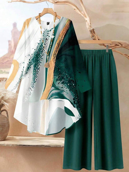 EID Special Elegant Long Graphic Tee And Pants Two-Piece Outfit Dress For Women