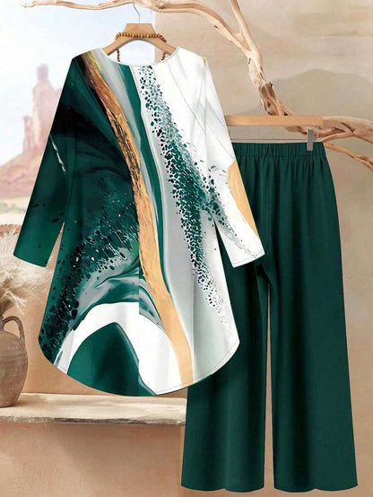 EID Special Elegant Long Graphic Tee And Pants Two-Piece Outfit Dress For Women